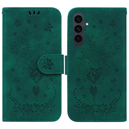 For Samsung Galaxy S25 FE Case Butterfly Flower Imprint PU Leather Wallet Phone Cover with Strap - Green - 1