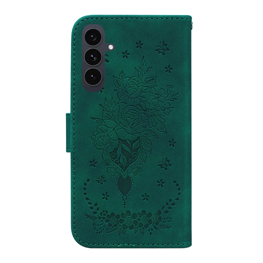 For Samsung Galaxy S25 FE Case Butterfly Flower Imprint PU Leather Wallet Phone Cover with Strap - Green - 7