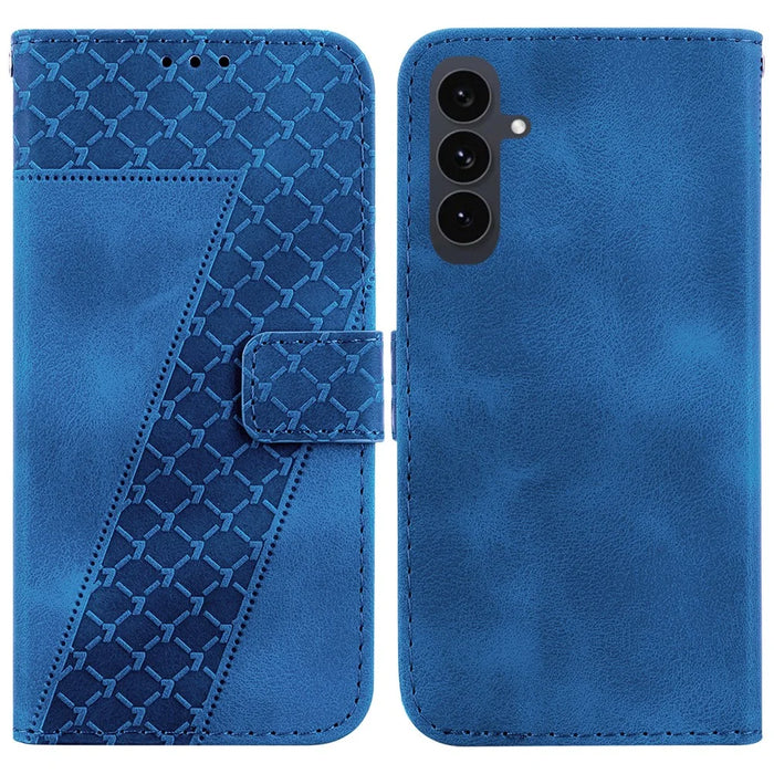For Samsung Galaxy S25 FE Stand Case 7-Shaped Pattern Imprint Leather Phone Cover with Strap - Dark Blue - 1