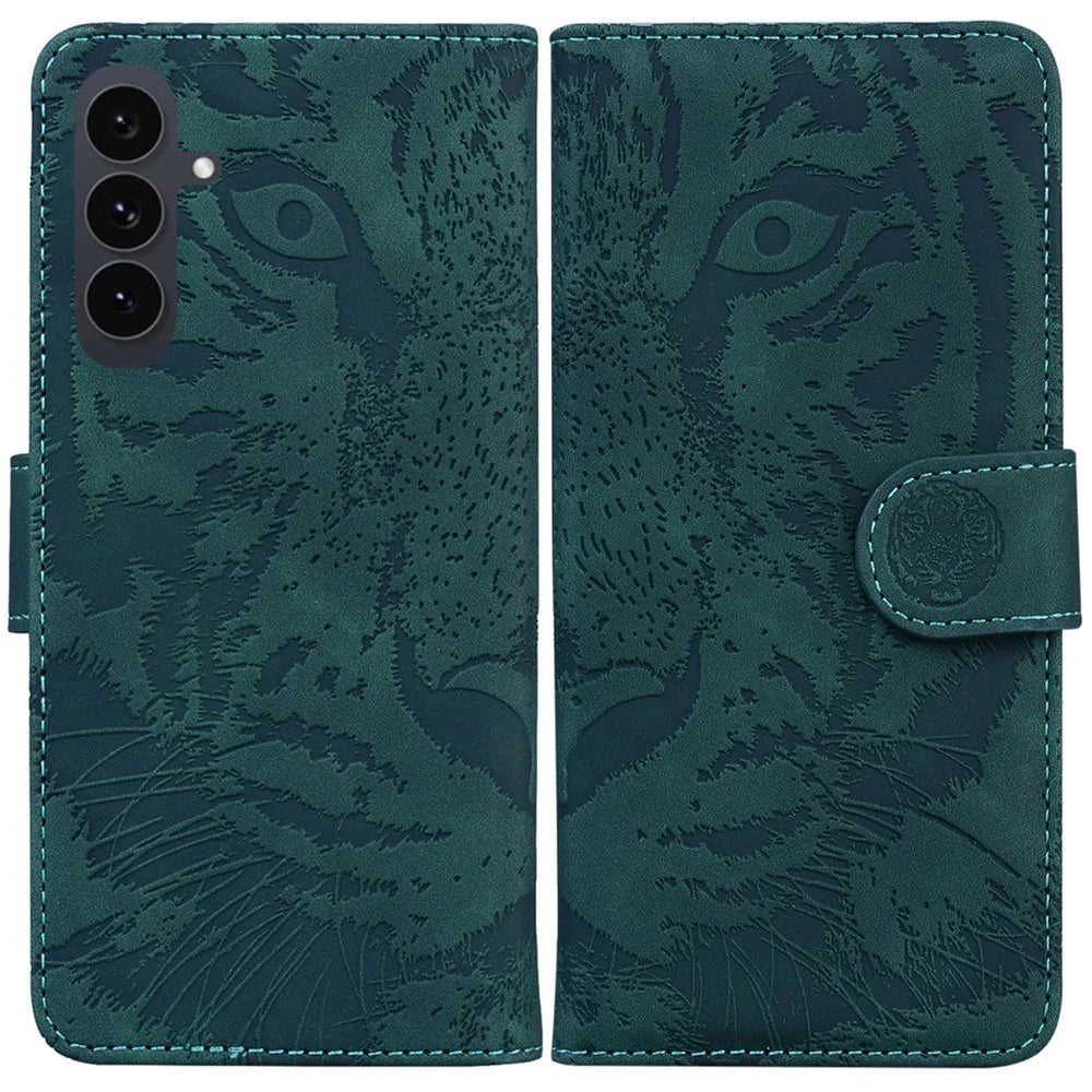 For Samsung Galaxy S25 FE Case Tiger Imprint Leather Wallet Phone Cover - Green - 1