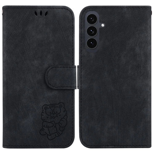 For Samsung Galaxy S25 FE Wallet Case Tiger Imprint Leather Shockproof Phone Cover with Wrist Strap - Black - 1