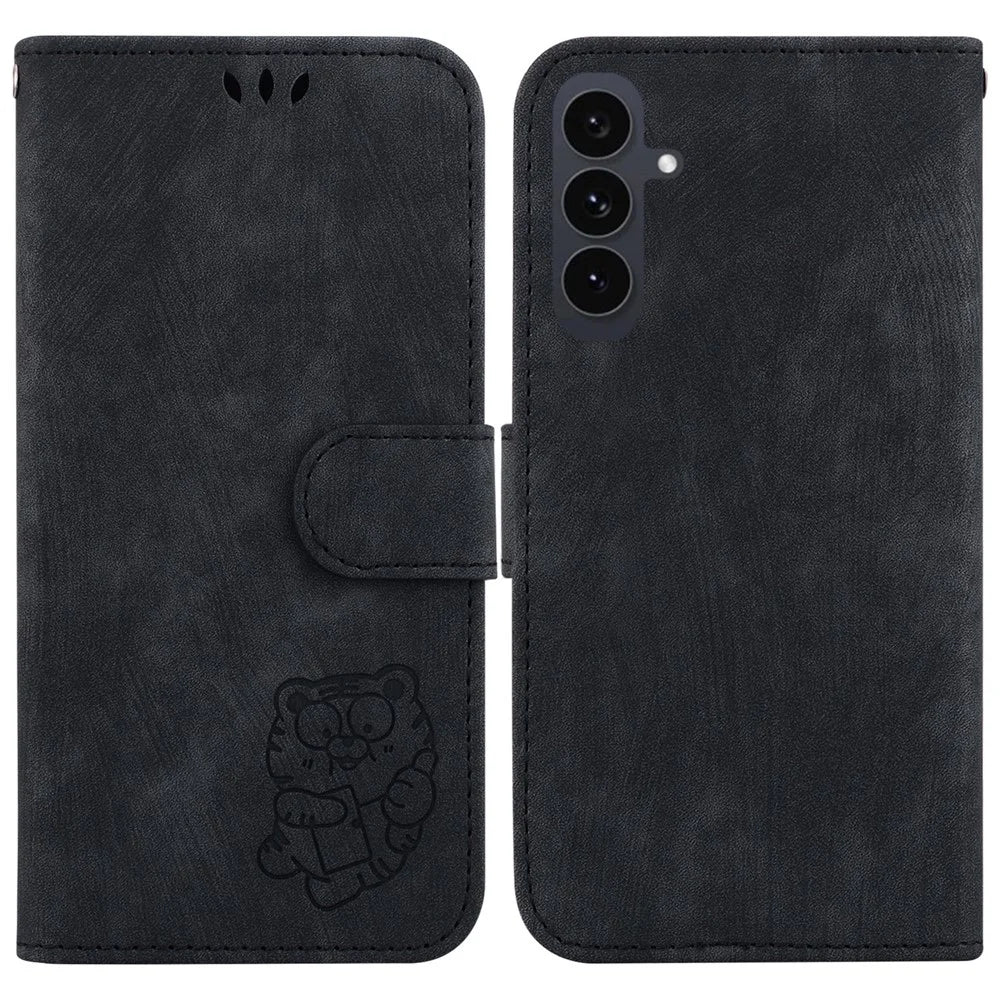 For Samsung Galaxy S25 FE Wallet Case Tiger Imprint Leather Shockproof Phone Cover with Wrist Strap - Black - 1