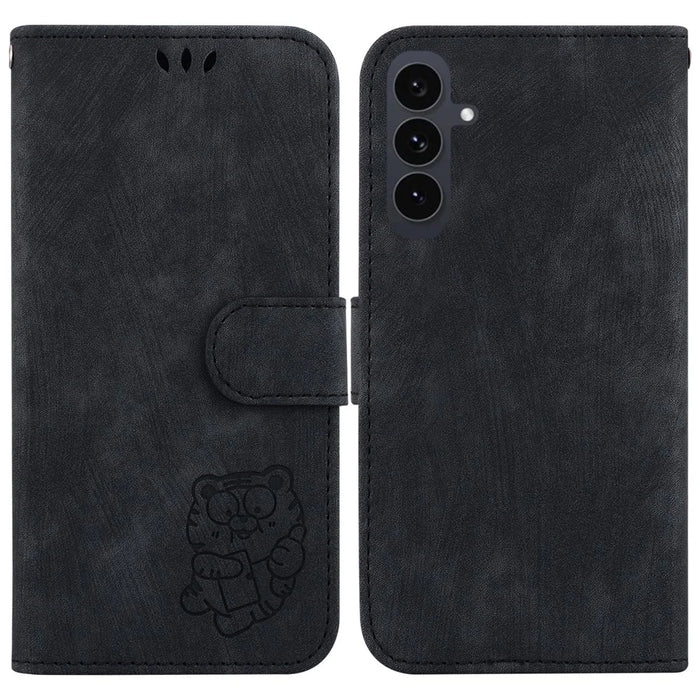 For Samsung Galaxy S25 FE Wallet Case Tiger Imprint Leather Shockproof Phone Cover with Wrist Strap - Black - 1