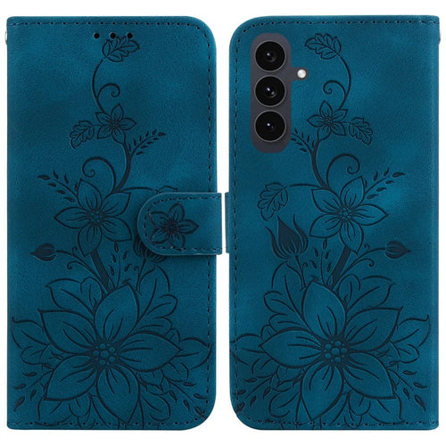 For Samsung Galaxy S25 FE Stand Case Lily Flower Imprint Leather Phone Cover with Wrist Strap - Dark Blue - 1