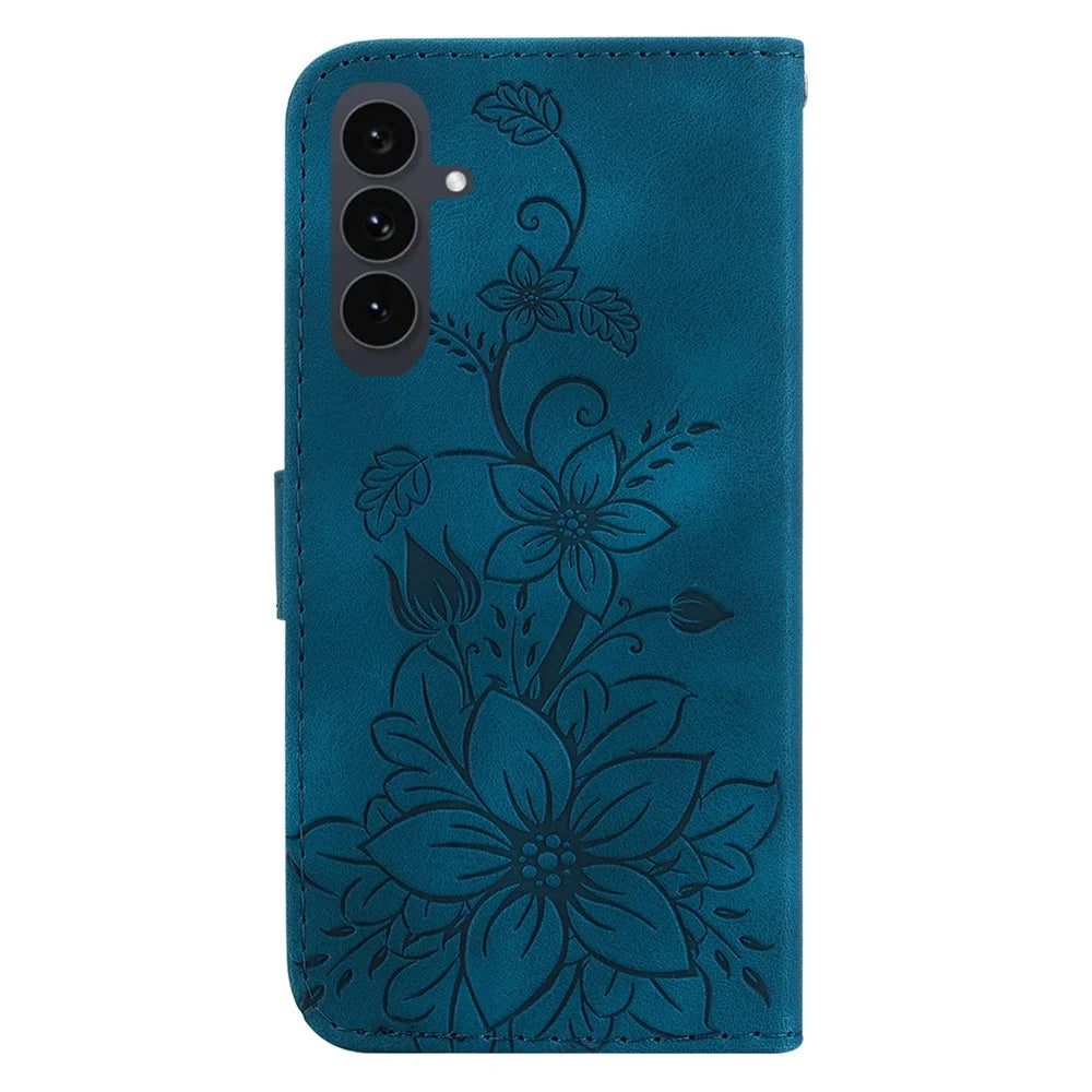 For Samsung Galaxy S25 FE Stand Case Lily Flower Imprint Leather Phone Cover with Wrist Strap - Dark Blue - 7