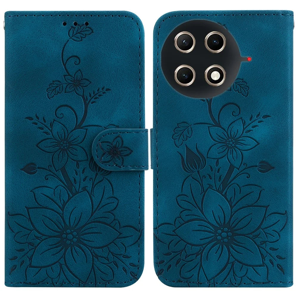 For TECNO Camon 30S 4G  /  30S Pro 4G Stand Case Lily Flower Imprint Leather Phone Cover with Wrist Strap - Dark Blue - 1