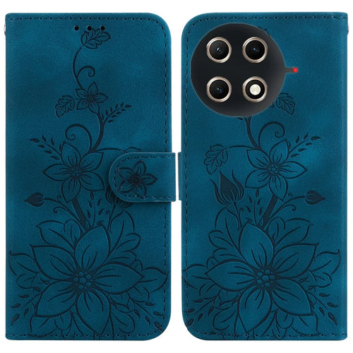 For TECNO Camon 30S 4G  /  30S Pro 4G Stand Case Lily Flower Imprint Leather Phone Cover with Wrist Strap - Dark Blue - 1