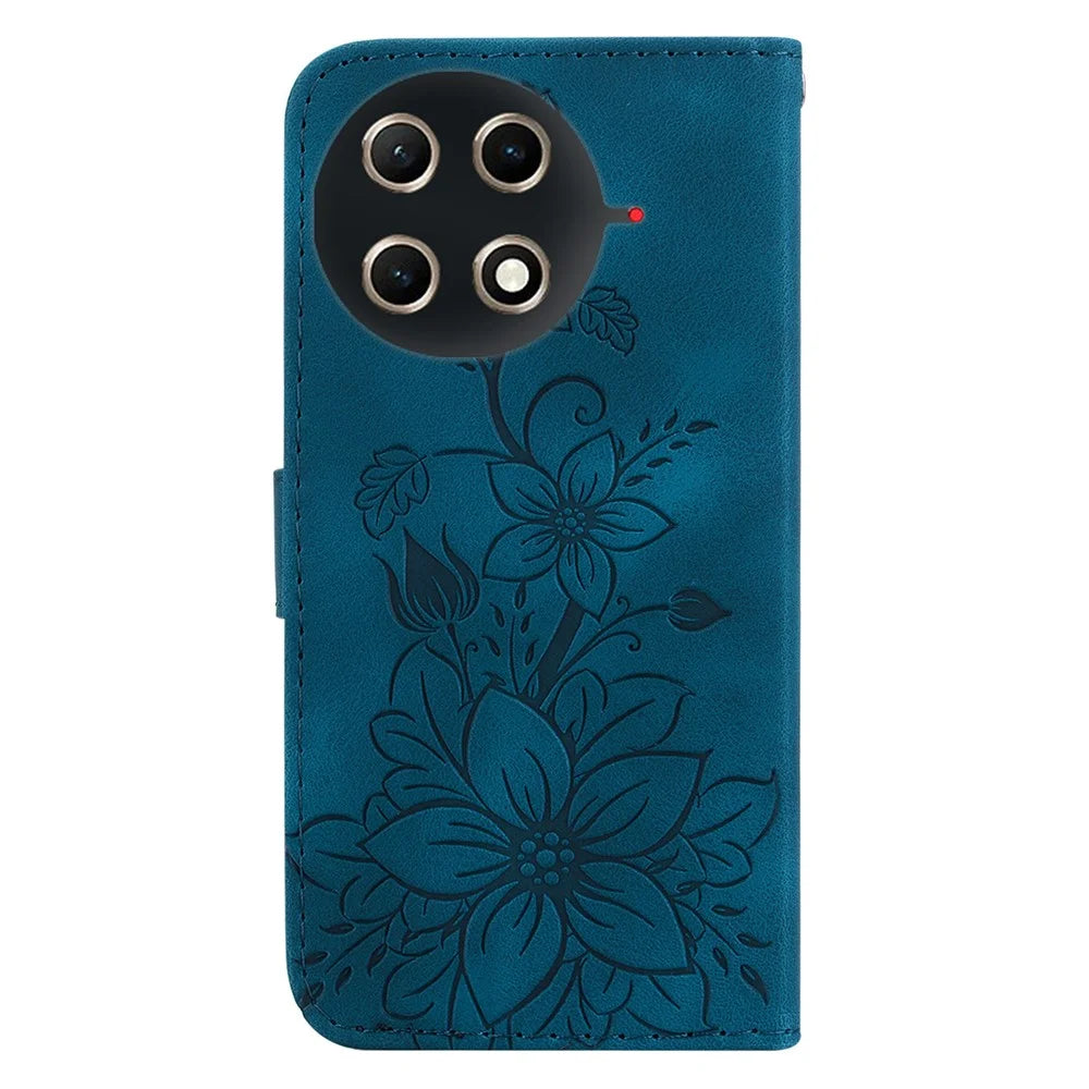 For TECNO Camon 30S 4G  /  30S Pro 4G Stand Case Lily Flower Imprint Leather Phone Cover with Wrist Strap - Dark Blue - 7