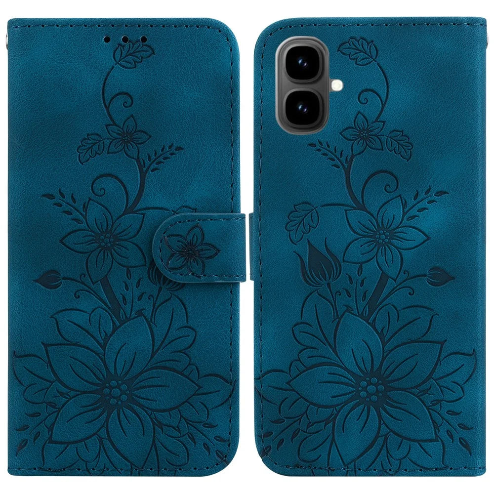 For Infinix Smart 10 Stand Case Lily Flower Imprint Leather Phone Cover with Wrist Strap - Dark Blue - 1