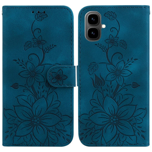 For Infinix Smart 10 Stand Case Lily Flower Imprint Leather Phone Cover with Wrist Strap - Dark Blue - 1
