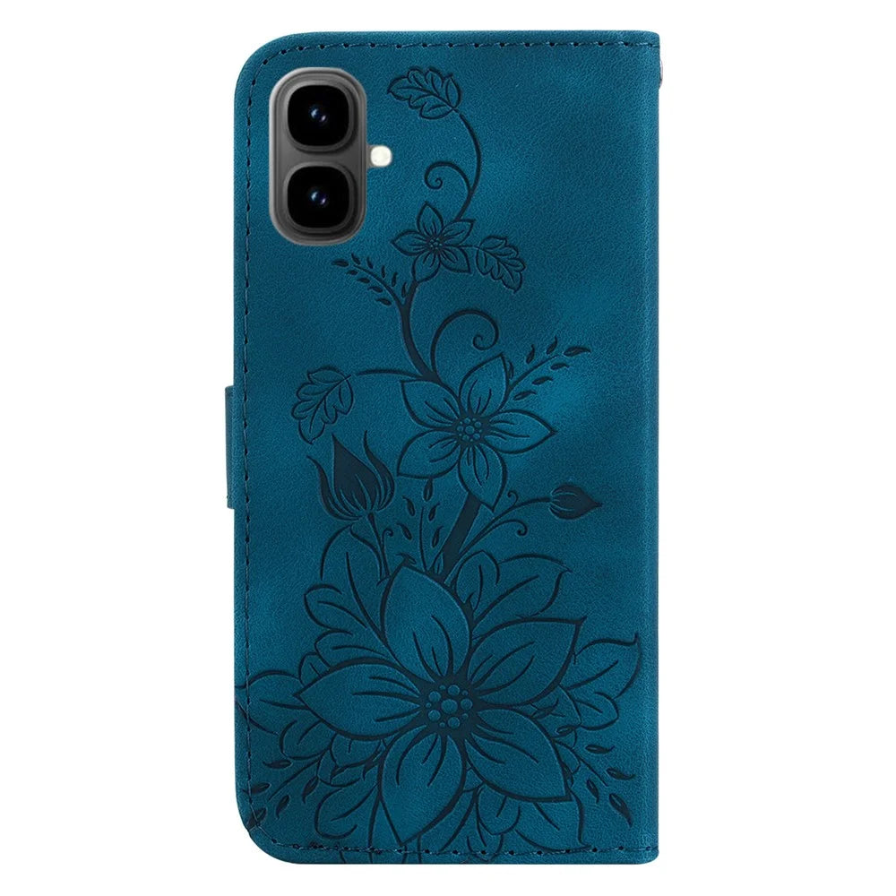 For Infinix Smart 10 Stand Case Lily Flower Imprint Leather Phone Cover with Wrist Strap - Dark Blue - 7