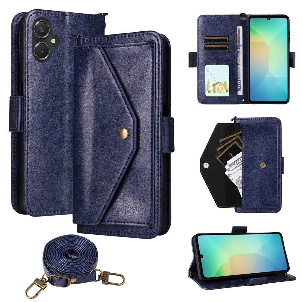 For Samsung Galaxy A06 5G  /  4G Leather Case Magnetic Closure Wallet Stand Phone Cover with Crossbody Strap - Blue - 1