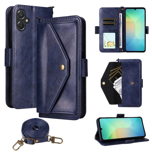 For Samsung Galaxy A06 5G  /  4G Leather Case Magnetic Closure Wallet Stand Phone Cover with Crossbody Strap - Blue - 1