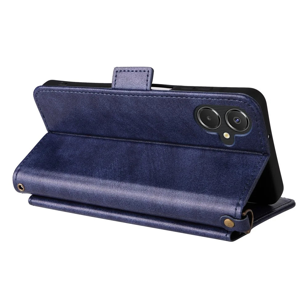 For Samsung Galaxy A06 5G  /  4G Leather Case Magnetic Closure Wallet Stand Phone Cover with Crossbody Strap - Blue - 4