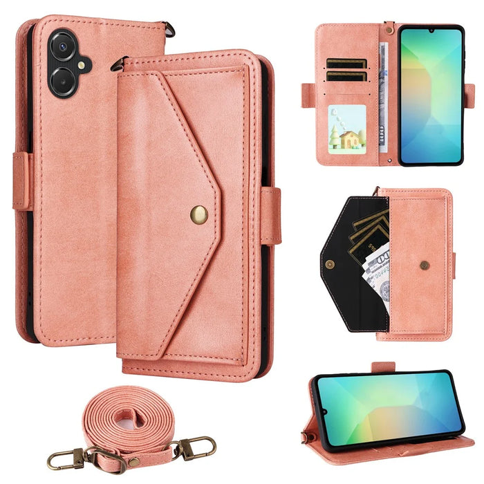 For Samsung Galaxy A08 5G / A08 4G / A07 5G / A07 4G Leather Case Magnetic Closure Wallet Stand Phone Cover with Crossbody Strap - Pink - 1