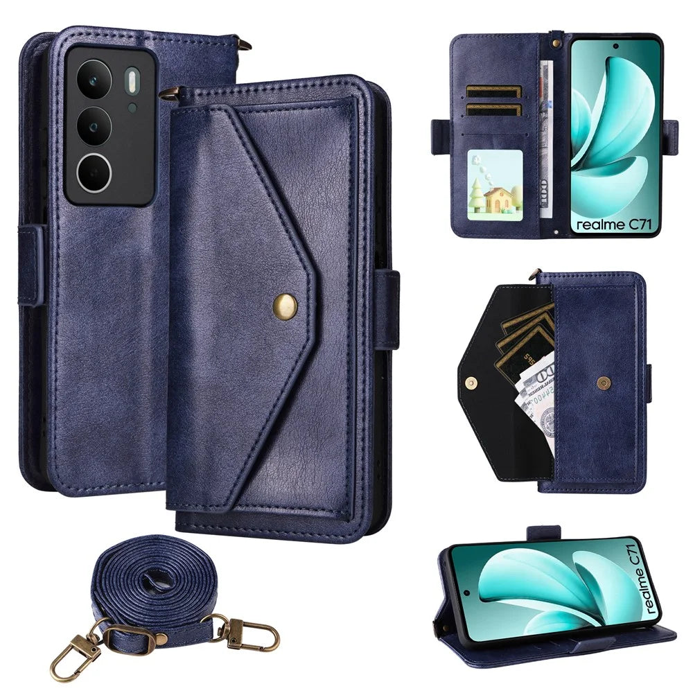 For Realme C75 4G  /  C71 4G Leather Case Magnetic Closure Wallet Stand Phone Cover with Crossbody Strap - Blue - 1