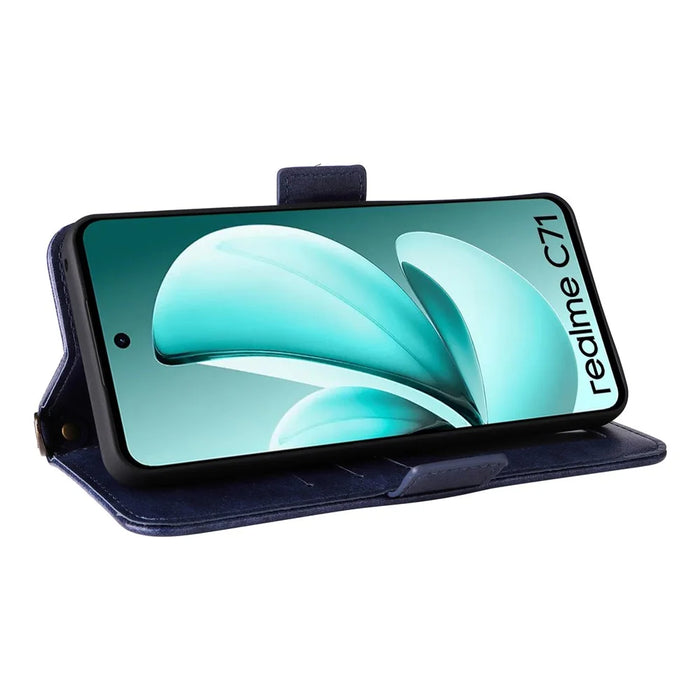 For Realme C75 4G  /  C71 4G Leather Case Magnetic Closure Wallet Stand Phone Cover with Crossbody Strap - Blue - 3