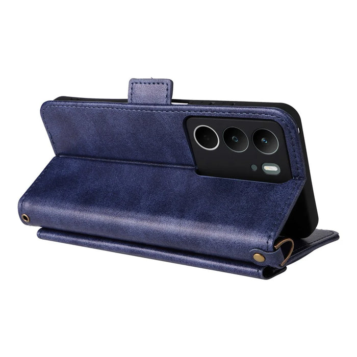For Realme C75 4G  /  C71 4G Leather Case Magnetic Closure Wallet Stand Phone Cover with Crossbody Strap - Blue - 4