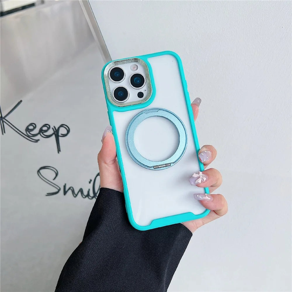 For iPhone 16 Pro Max Magnetic Case Kickstand Electroplating Lens Frame TPU Acrylic Phone Back Cover - Green - 1