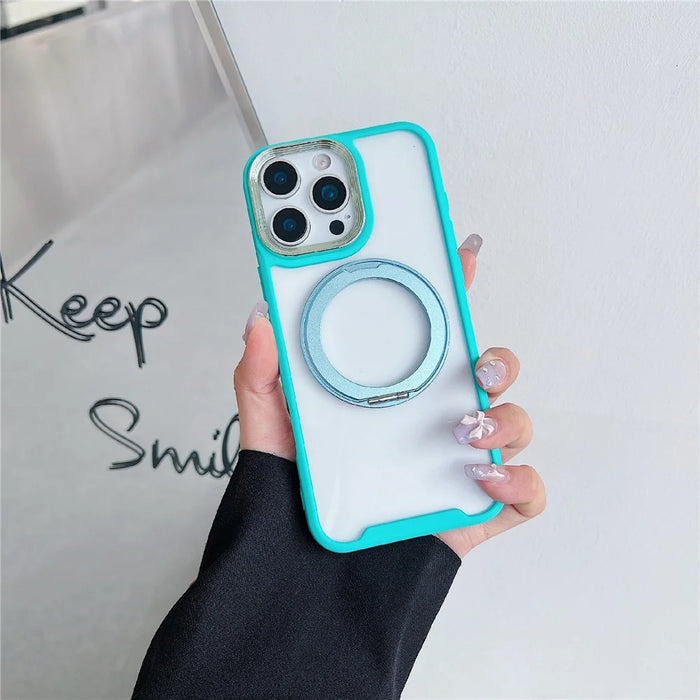 For iPhone 16 Pro Max Magnetic Case Kickstand Electroplating Lens Frame TPU Acrylic Phone Back Cover - Green - 1