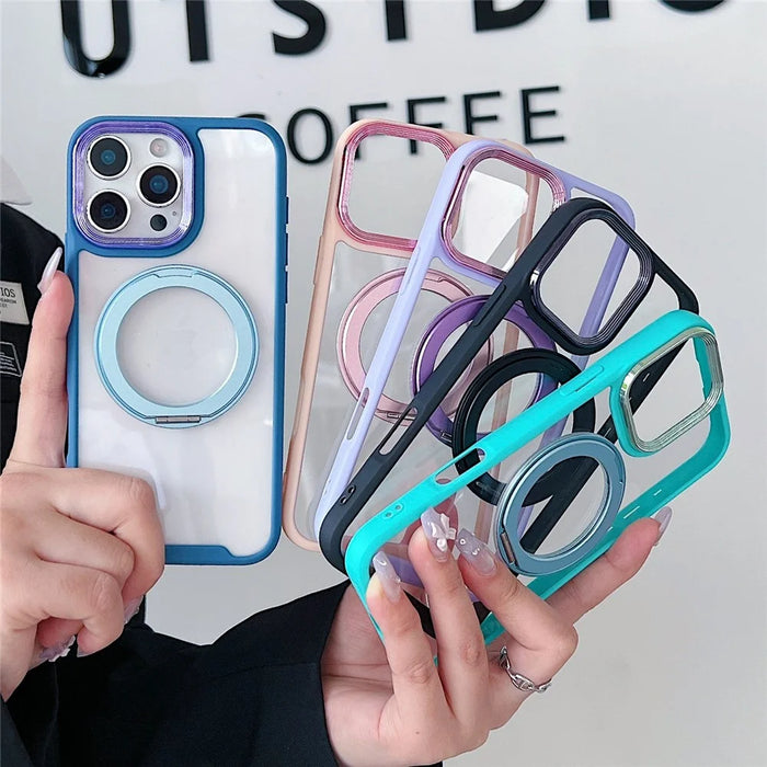 For iPhone 16 Pro Max Magnetic Case Kickstand Electroplating Lens Frame TPU Acrylic Phone Back Cover - Green - 7