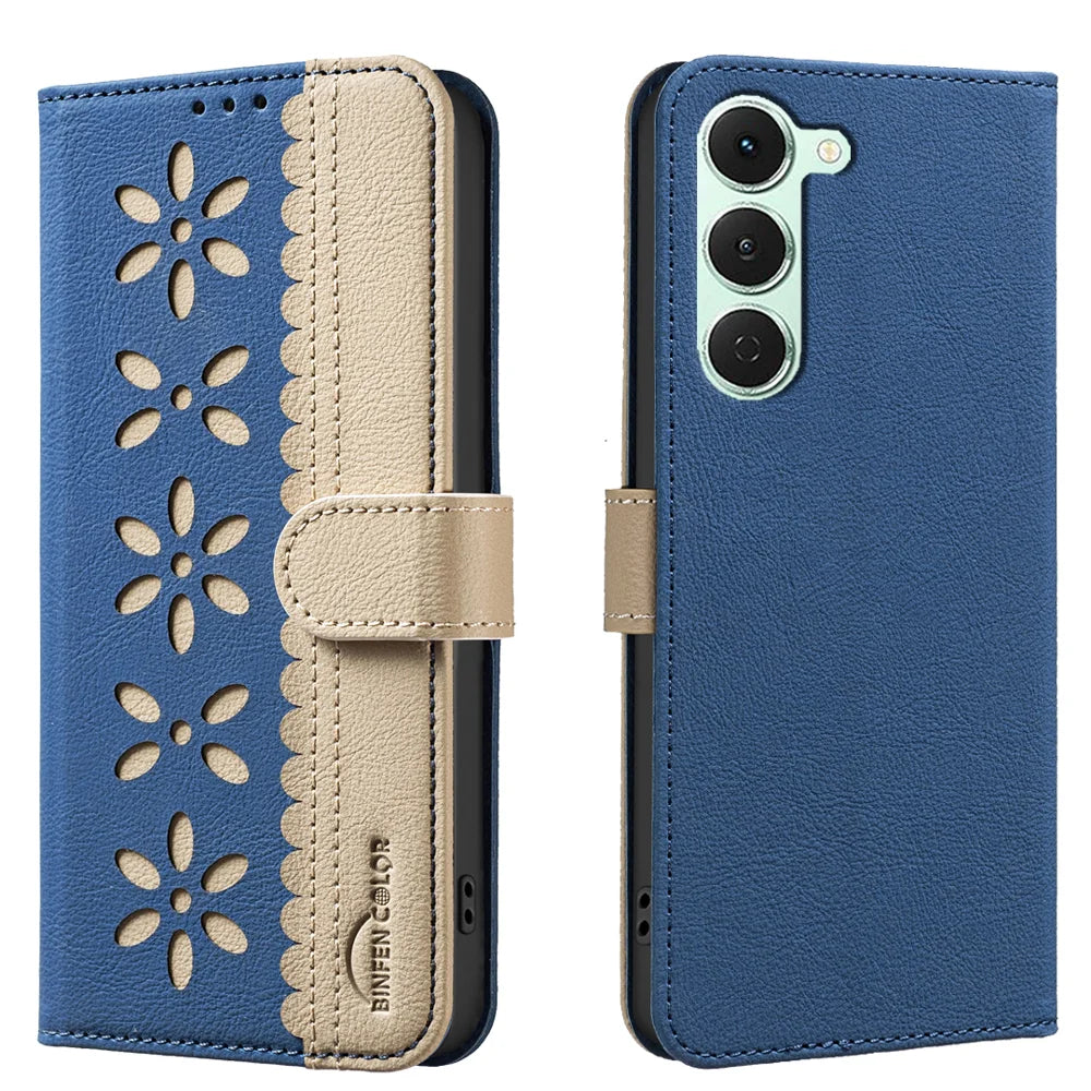 BINFEN COLOR For TECNO Spark 40 Pro 4G Leather Case  BF36 Floral Pattern Phone Cover RFID Blocking Wallet Stand - Dark Blue - 1