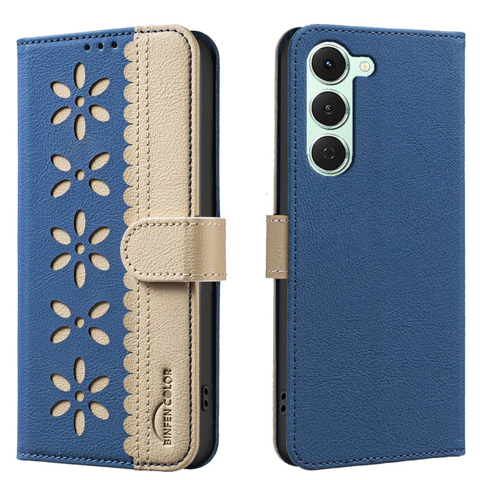 BINFEN COLOR For TECNO Spark 40 Pro 4G Leather Case  BF36 Floral Pattern Phone Cover RFID Blocking Wallet Stand - Dark Blue - 1