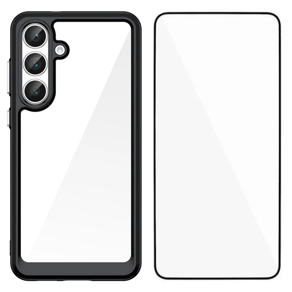 WANLONFENG For Samsung Galaxy S25 FE Phone Case  XC Series TPU Acrylic Cover with Tempered Glass (Big Lens Hole) - Black - 1