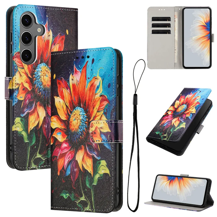 For Samsung Galaxy S25 FE Wallet Case Pattern Printing PU Leather Phone Cover with Lanyard - Sunflower - 2