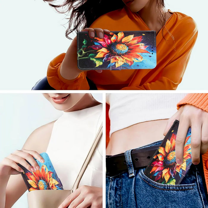 For Samsung Galaxy S25 FE Wallet Case Pattern Printing PU Leather Phone Cover with Lanyard - Sunflower - 7
