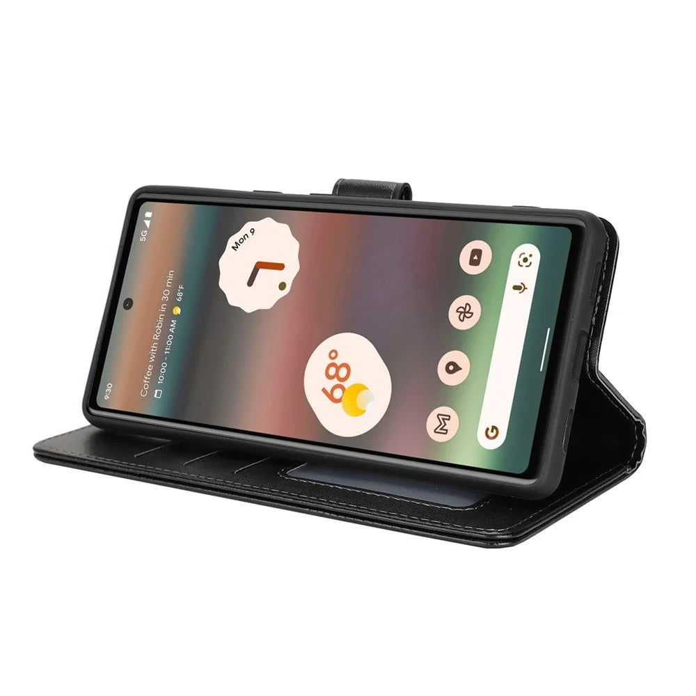 For Google Pixel 6a Stand Case Shockproof Leather Wallet Phone Cover - Black - 4