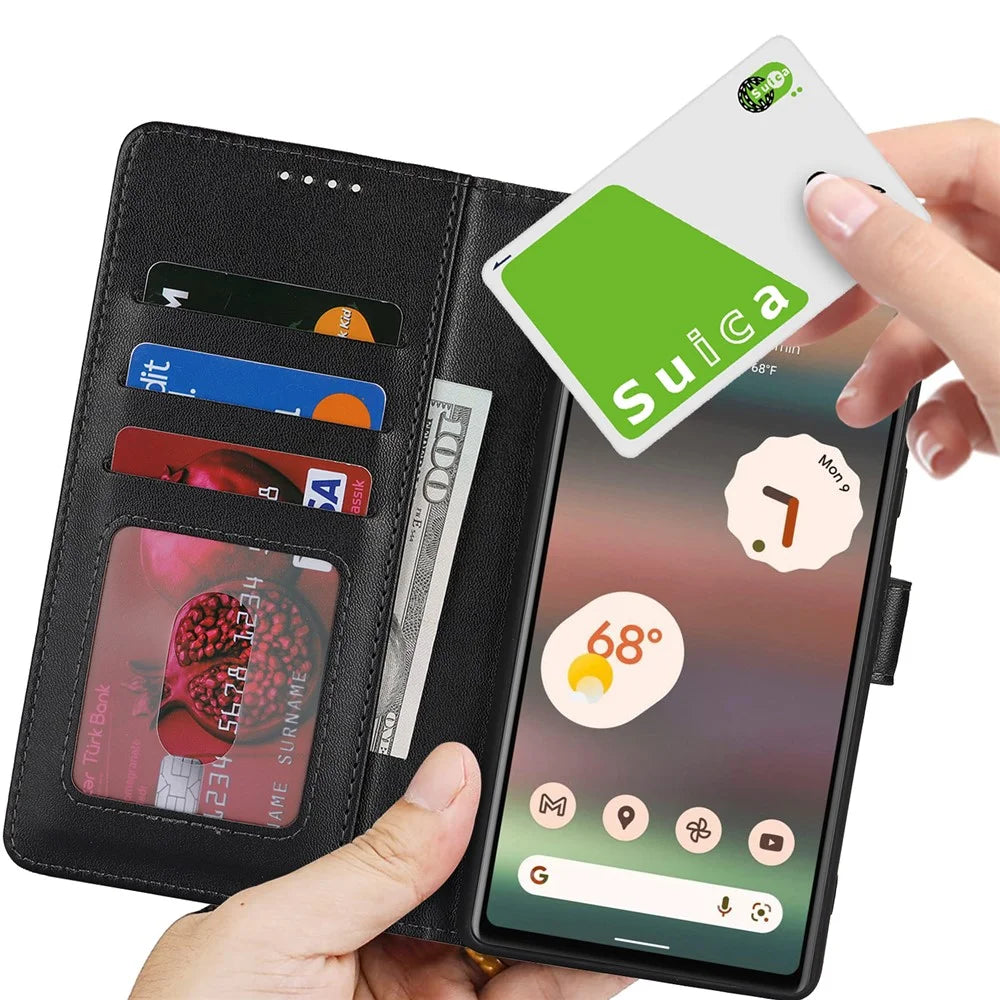 For Google Pixel 6a Stand Case Shockproof Leather Wallet Phone Cover - Black - 6