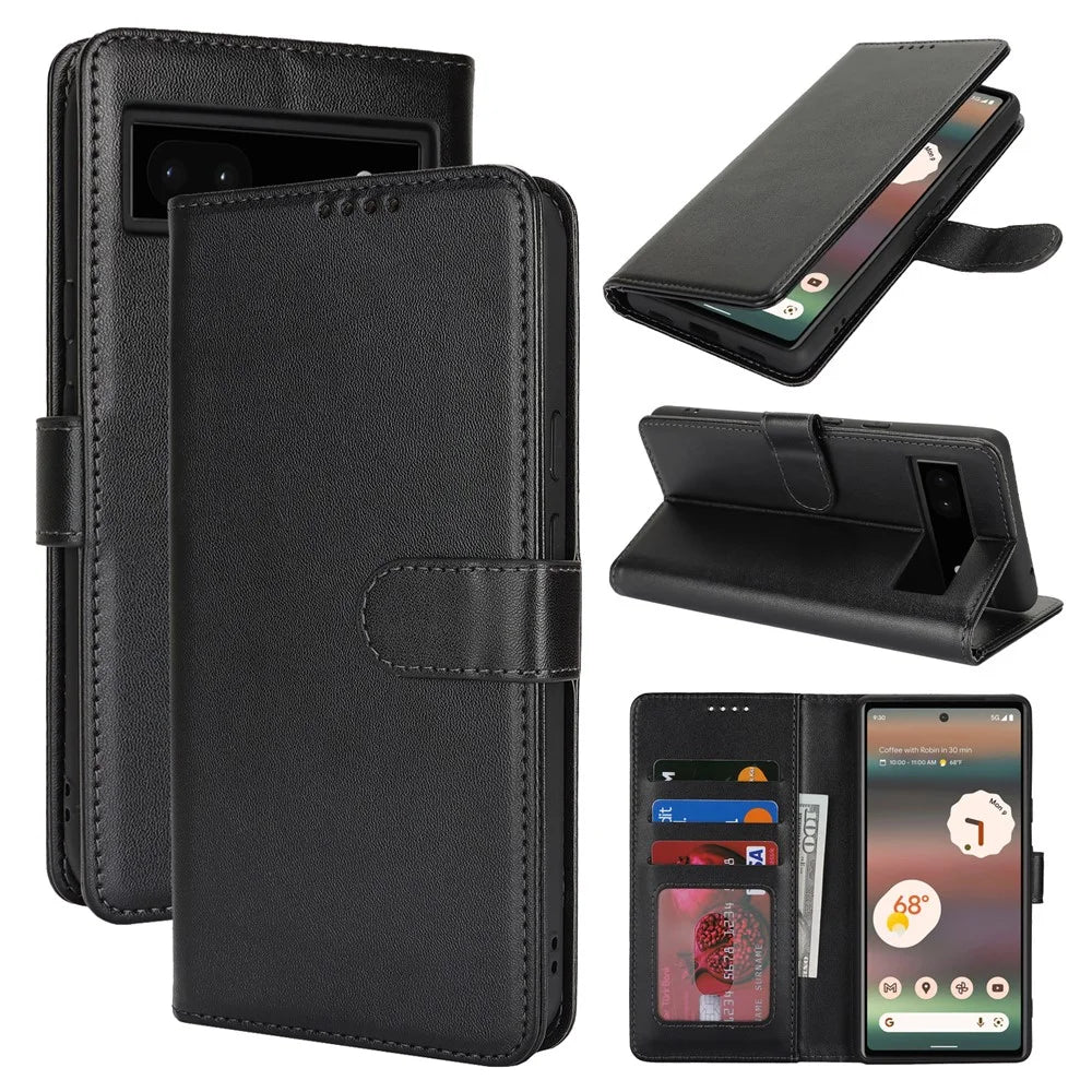 For Google Pixel 6a Stand Case Shockproof Leather Wallet Phone Cover - Black - 7