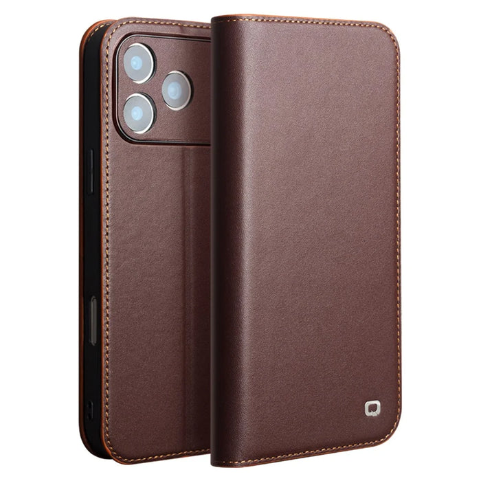 QIALINO For iPhone 17 Pro Max Wallet Case Stand Genuine Cow Leather Flip Phone Cover - Brown - 1