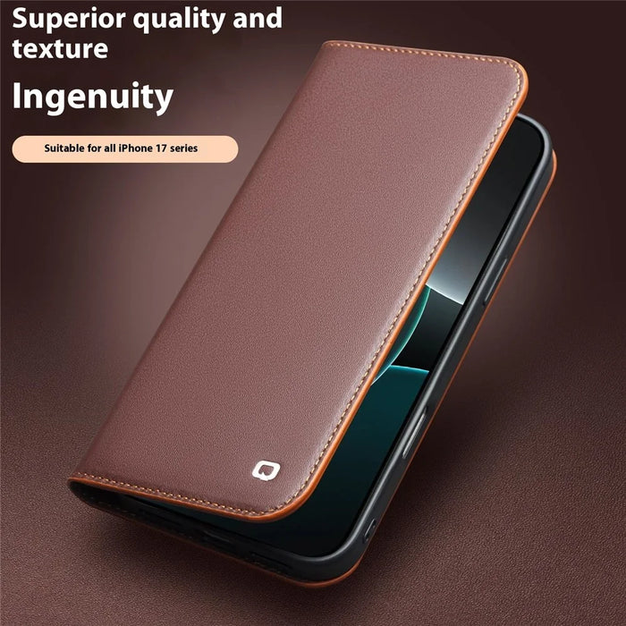 QIALINO For iPhone 17 Pro Max Wallet Case Stand Genuine Cow Leather Flip Phone Cover - Brown - 2