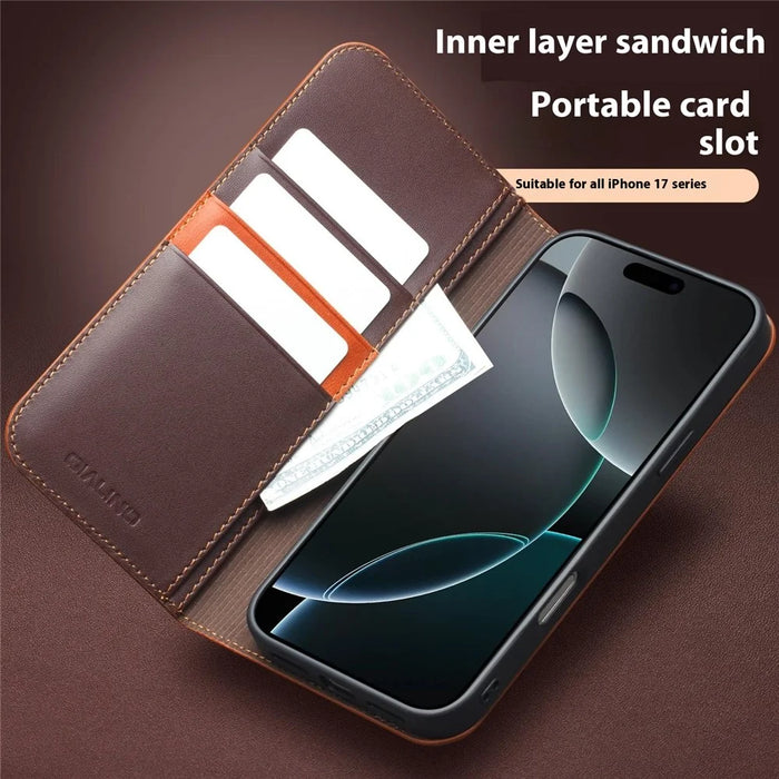 QIALINO For iPhone 17 Pro Max Wallet Case Stand Genuine Cow Leather Flip Phone Cover - Brown - 3
