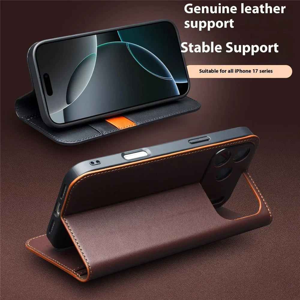 QIALINO For iPhone 17 Pro Max Wallet Case Stand Genuine Cow Leather Flip Phone Cover - Brown - 4