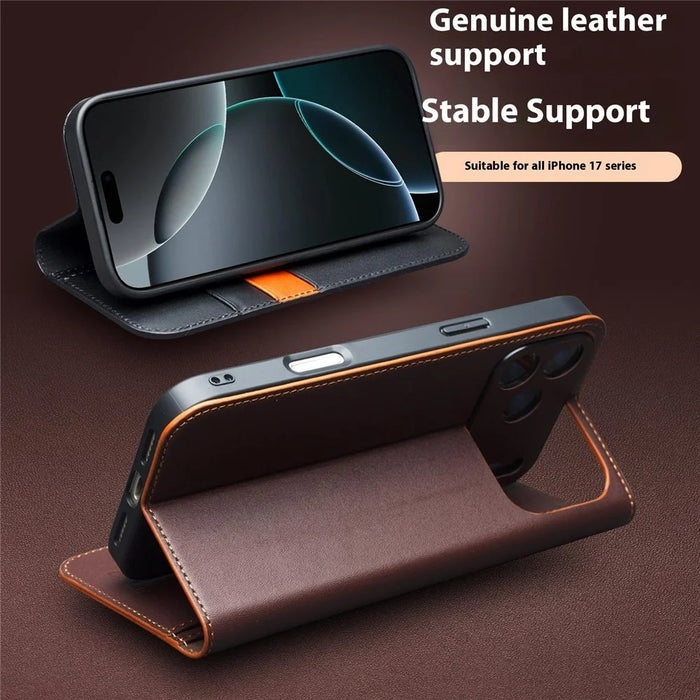 QIALINO For iPhone 17 Pro Max Wallet Case Stand Genuine Cow Leather Flip Phone Cover - Brown - 4