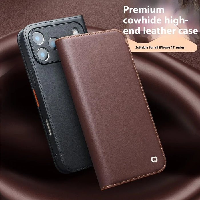 QIALINO For iPhone 17 Pro Max Wallet Case Stand Genuine Cow Leather Flip Phone Cover - Brown - 6