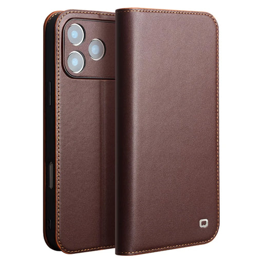 QIALINO For iPhone 17 Pro Wallet Case Stand Genuine Cow Leather Flip Phone Cover - Brown - 1