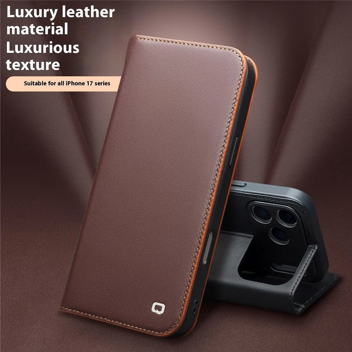 QIALINO For iPhone 17 Pro Wallet Case Stand Genuine Cow Leather Flip Phone Cover - Brown - 5