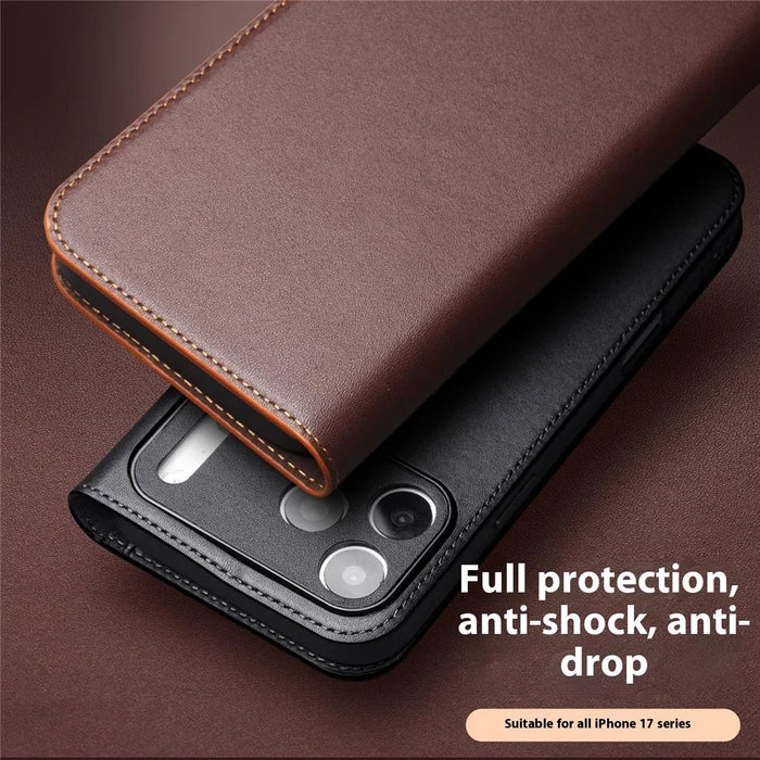 QIALINO For iPhone 17 Pro Wallet Case Stand Genuine Cow Leather Flip Phone Cover - Brown - 7