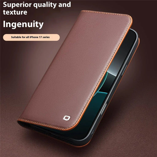QIALINO For iPhone Air Wallet Case Stand Genuine Cow Leather Flip Phone Cover - Brown - 2