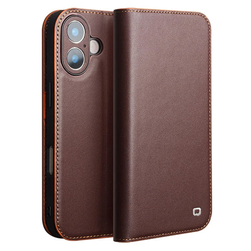 QIALINO For iPhone 17 Wallet Case Stand Genuine Cow Leather Flip Phone Cover - Brown - 1