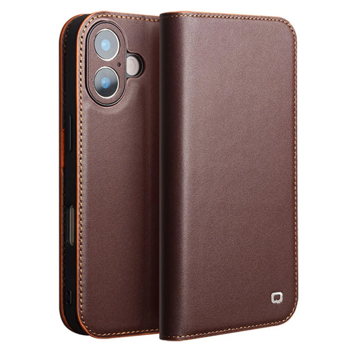 QIALINO For iPhone 17 Wallet Case Stand Genuine Cow Leather Flip Phone Cover - Brown - 1