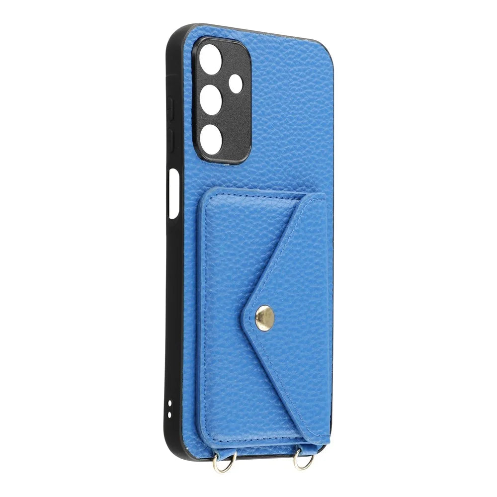 For Samsung Galaxy A15 5G  /  4G Case Card Holder Litchi Texture PU Leather + TPU Phone Cover with Straps - Blue - 4