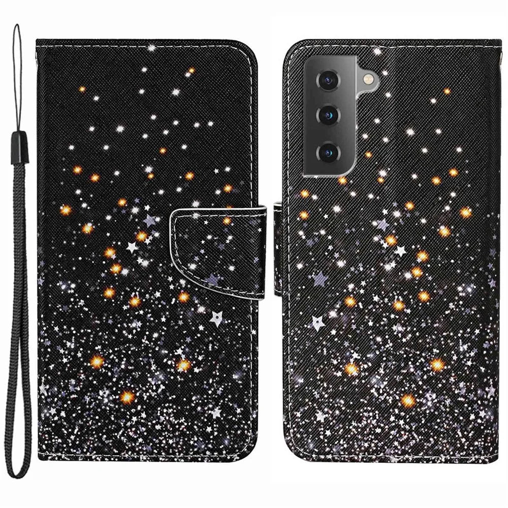 For Samsung Galaxy S23+ Cross Texture PU Leather Shockproof Phone Case Pattern Printing Wallet Stand Folio Flip Cover - Shattered Stars - 1
