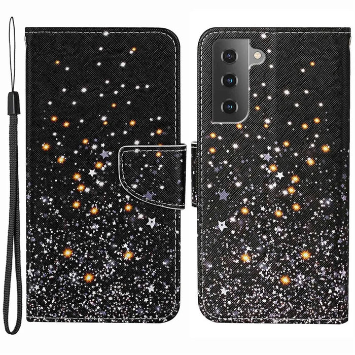 For Samsung Galaxy S23+ Cross Texture PU Leather Shockproof Phone Case Pattern Printing Wallet Stand Folio Flip Cover - Shattered Stars - 1