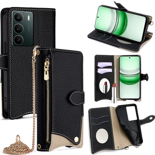 For Realme C71 4G Leather Case Wallet Stand Cover Irregular Tail Style with Chain Strap - Black - 1