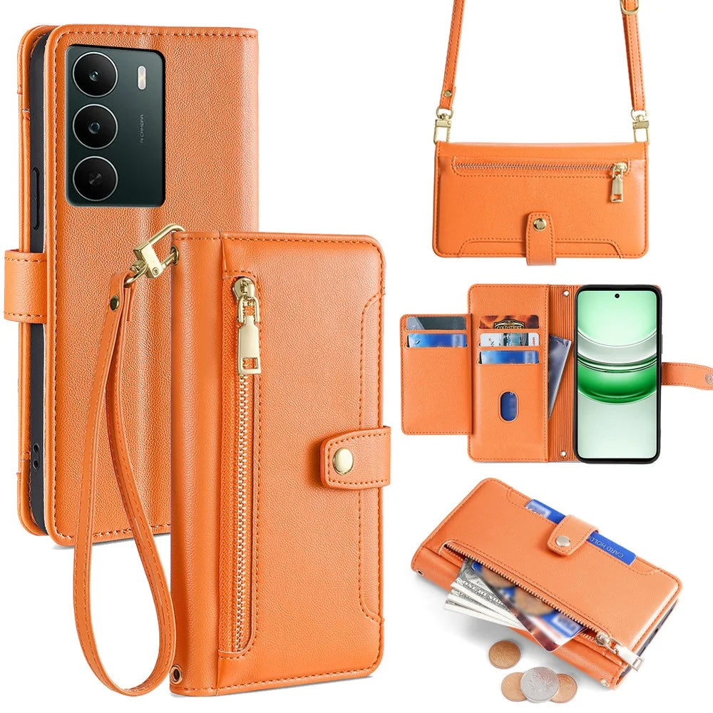 For Realme C71 4G Leather Case Zipper Pocket Wallet Phone Cover with 2 Straps - Orange - 1
